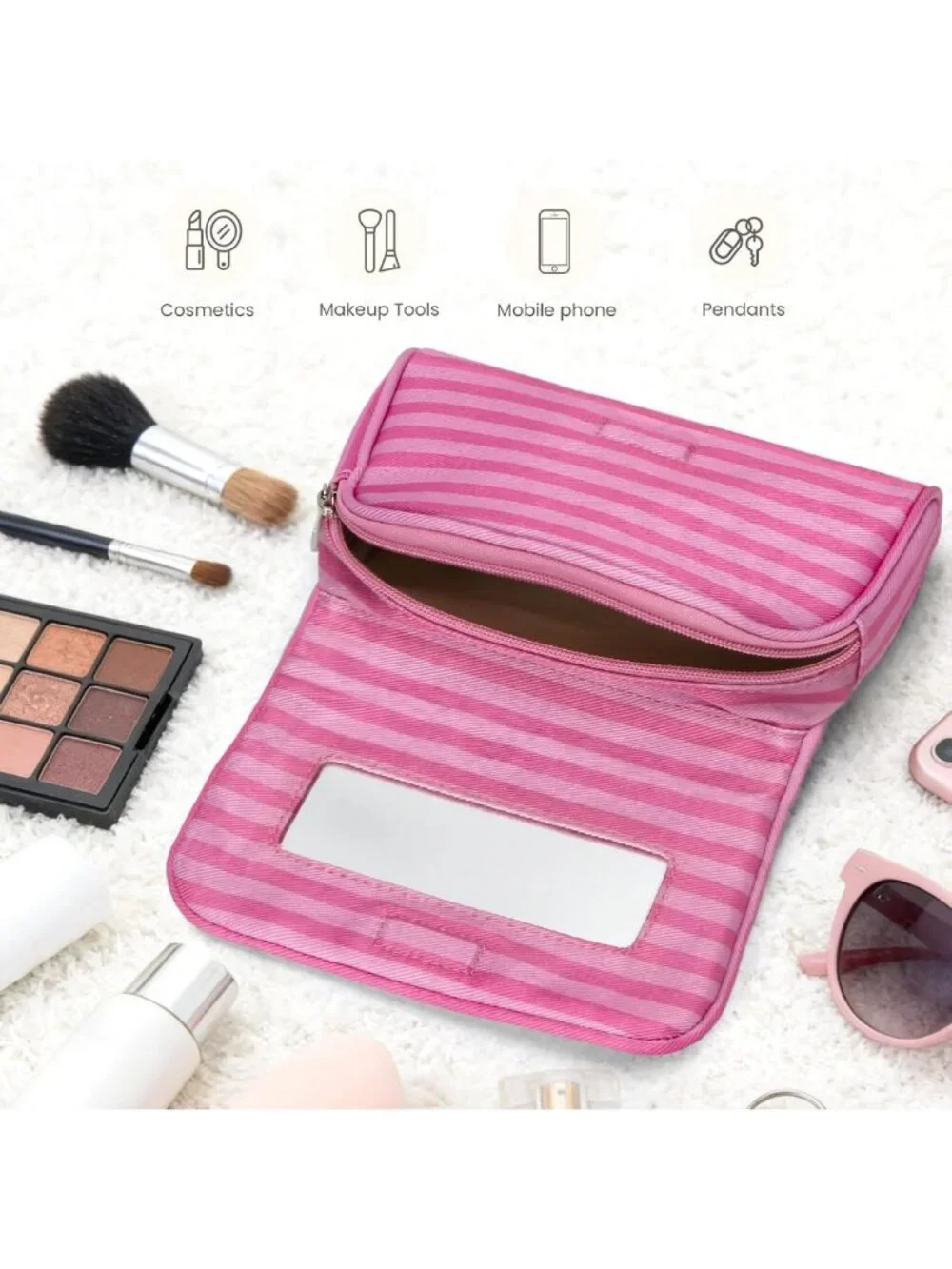 Trendy Pink Stripe Nylon Makeup Bag with Mirror | Portable Lightweight Cosmetic